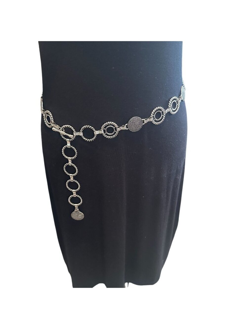 Boho Hip Circle Chain Belt Statement Metal Textured Circle Links Drop Charm